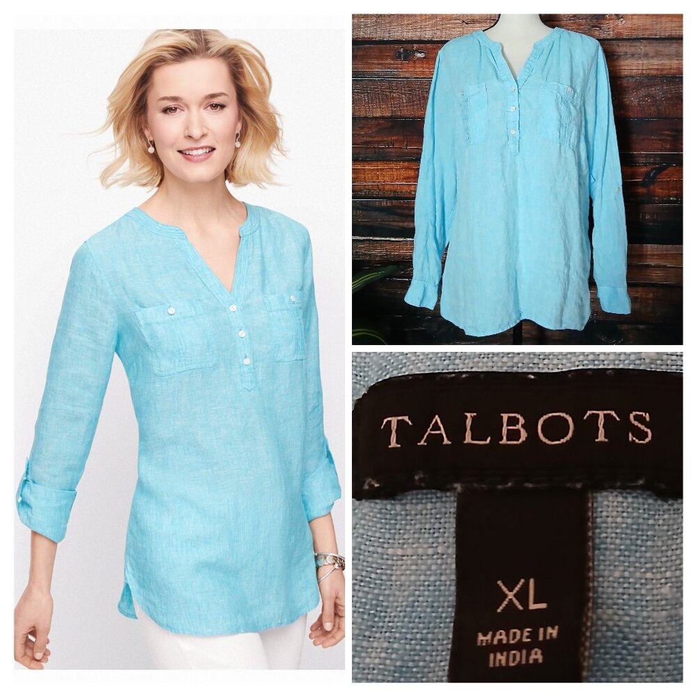 Talbots Top XL 100% Linen Pintuck Popover Blue Garment Dyed Roll Tab Cuffs